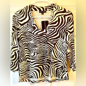 Randy Kemper Brown Cream Zebra Stripe Print Gold Glitter Stretch Knit Top XL NWT